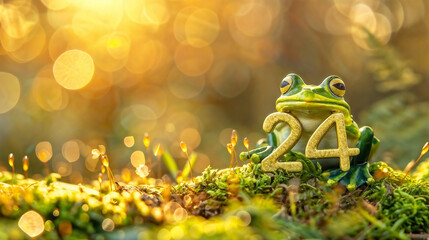 Festive 2024 New Year Concept Featuring a Green Frog on Mossy Surface, Golden Font Numerals Amidst...