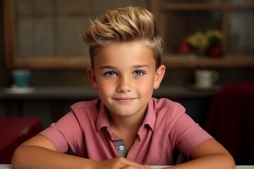 Portrait of a cute young boy sitting at the table at home