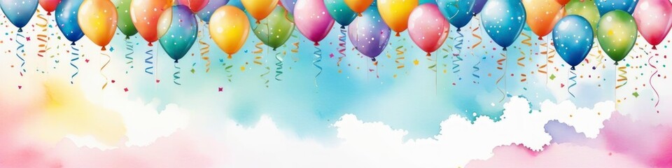 Abstract watercolor birthday background with balloons on top. Banner design for presentation or congratulations on a holiday or birthday, space for text.