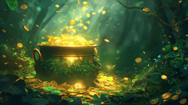 The pot of gold, which is part of St. Patrick's Day, is a symbol of luck and magic of the leprechaun. In a dense forest, between the shady trees.