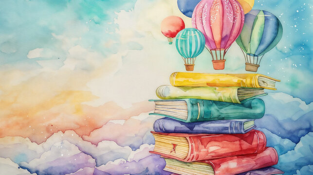 Whimsical Watercolor Artwork Featuring Stack of Colorful Books with Hot Air Balloons, Set Against Magical Sky Background Highlighting the Imaginative Adventures Further Emphasizing the Power of Readin