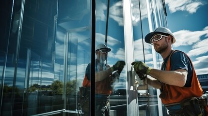 Janitor cleaning the glass windows of a skyscraper building reflection.