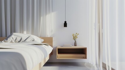 Stylish Minimalist Bedroom with Floating Nightstand and Sheer Curtain Partition