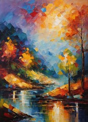 Impressionistic colorful oil painting landscape. Brush stroke and splash color. Contemporary painting. Modern poster for wall decoration