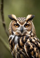 An owl in the thicket of the forest looks with interest	