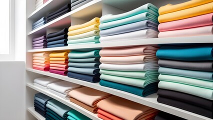 Folded colorful t-shirts on white shelves at store