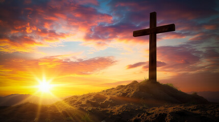 Fototapeta na wymiar Jesus cross on Calvary Hill Dramatic Sunset at Golgotha