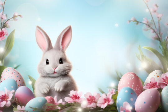 Easter Bunny with Colorful Eggs on Sunny Spring Day
