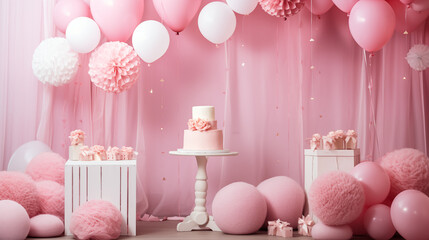 Baby shower - urodzinowe przyjęcie dla matki dziecka. Płeć chłopiec lub dziewczynka. Stół pełen deserów, ciast, tort z balonami i dekoracjami - obrazy, fototapety, plakaty