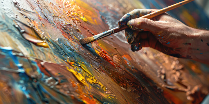 Artist's Hand Painting on Canvas. A close-up of artist hands with a paintbrush, adding vibrant strokes to a colorful canvas.