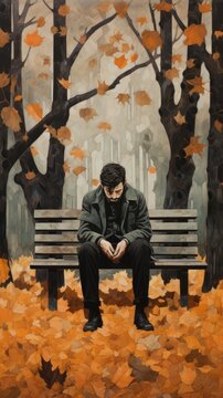 A painting evokes tranquility with an anonymous figure on a park bench, immersed in nature's embrace, capturing a moment of serene contemplation.