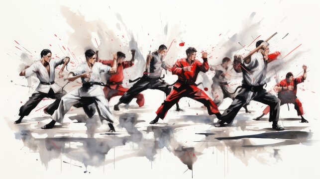 Karate martial arts athletes fighting, watercolor illustration style.	
