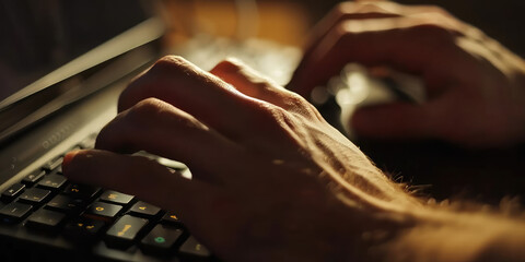 Close-up of Hands Typing on Laptop Keyboard.  Male hands typing on a modern laptop keyboard, background.