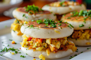 Corn Arepas with Spicy Chicken and Vegetables, Garnished with Chives