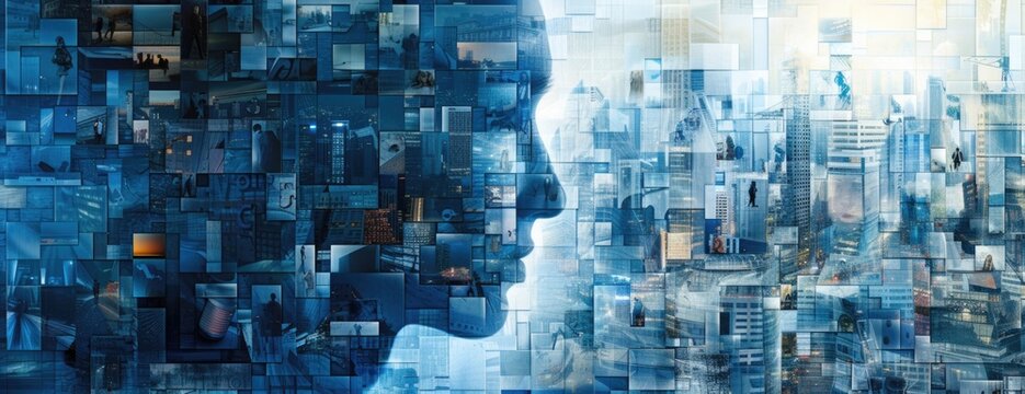 Entrepreneurial Ecosystem: A Dynamic Photo Collage Featuring Tech Innovations, Urban Landscapes, and Business Leaders in Cool Blue Tones