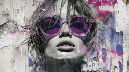 Urban Style: Repeated Fashion Model with Purple Sunglasses Against Graffiti Wall