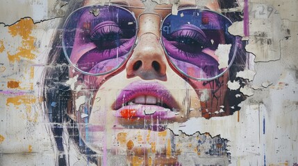 Edgy Fashion Display: Model in Purple Sunglasses with Torn Paper and Concrete Graffiti
