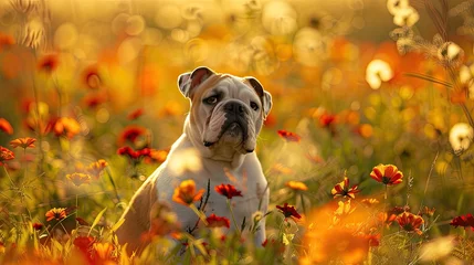 Papier Peint photo Prairie, marais Wire Bulldog dog sitting in meadow field surrounded by vibrant wildflowers and grass on sunny day