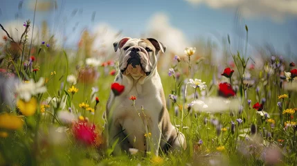 Photo sur Aluminium Prairie, marais Wire Bulldog dog sitting in meadow field surrounded by vibrant wildflowers and grass on sunny day
