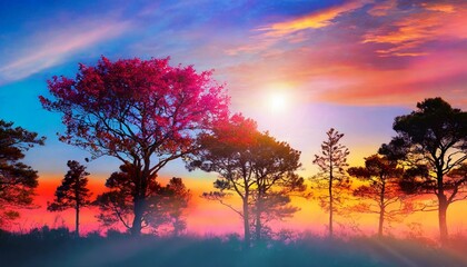 colorful dream scene with trees and sunsets
