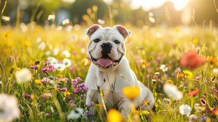 Wire Bulldog dog sitting in meadow field surrounded by vibrant wildflowers and grass on sunny day