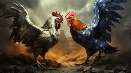 The illustration of a rooster fighting depicts the world economic trade war. - obrazy, fototapety, plakaty