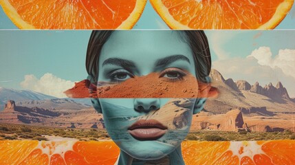 Nature Meets Modernity Collage: Woman with Orange Slices, Mountains, and Desert Scenes