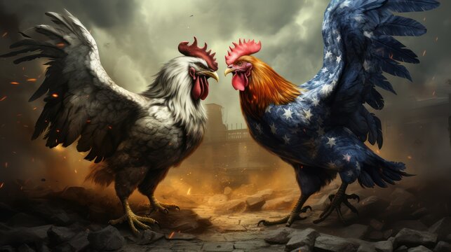 The illustration of a rooster fighting depicts the world economic trade war.