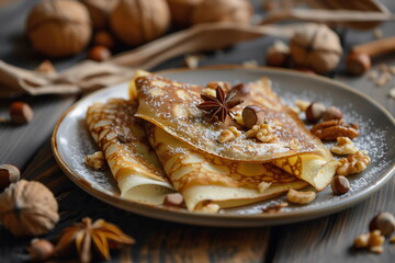 Fresh crepes with nuts and anise on a natural background. Pancake day