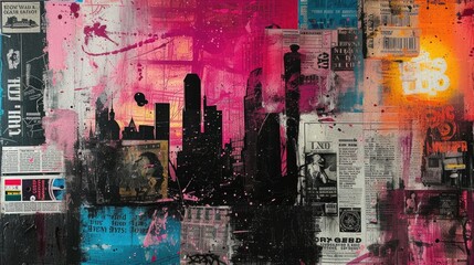 City Vibes Collage: Neon Lights, Street Artistry, and Maps Amidst Peeling Posters - obrazy, fototapety, plakaty