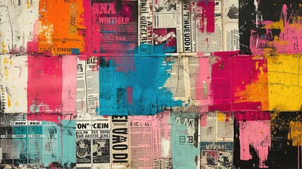 Urban Exploration Collage: Neon Glow, Street Maps, and Art on Old Newspaper Layers