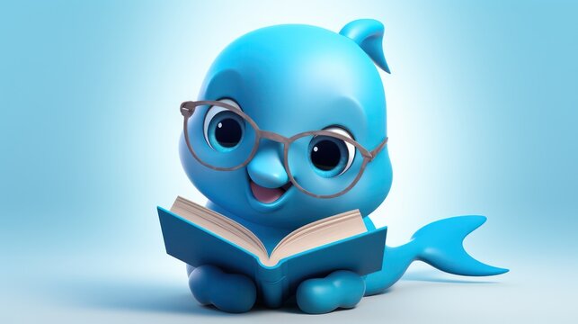 Cartoon illustration of a dolphin mascot learning to read a book wearing glasses.