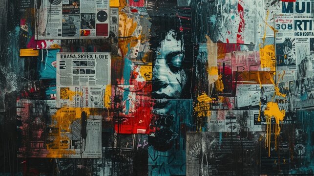 Urban Exploration Collage: Neon Glow, Street Maps, and Art on Old Newspaper Layers