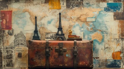 Explorer's Collection Collage: Iconic Landmarks, Old Suitcases, and Maps Embellished with Travel Stamps and Tickets - obrazy, fototapety, plakaty