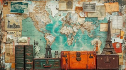 Vintage Travel Collage: Suitcases, World Maps, and Famous Landmarks Adorned with Passport Stamps and Ticket Stubs