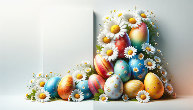 Realistic banner image with a soft blue background, featuring a vibrant display of Easter eggs and chamomile flowers