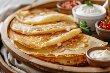 Flapjacks, vegetable sauce, sour cream on wooden tray, rough fabric background, rustic. Shrovetide celebration concept. Suitable for banners, sliders, flyers and promotional materials