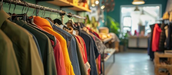 Sustainable and secondhand clothing and household items sold in a charity shop or thrift store with an interior focus.