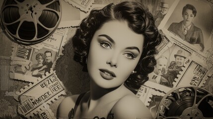 Silver Screen Icons Collage: Timeless Starlet Images, Film Reels, and Faded Marquee Signs - obrazy, fototapety, plakaty