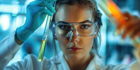 A female scientist holding a test tube - obrazy, fototapety, plakaty