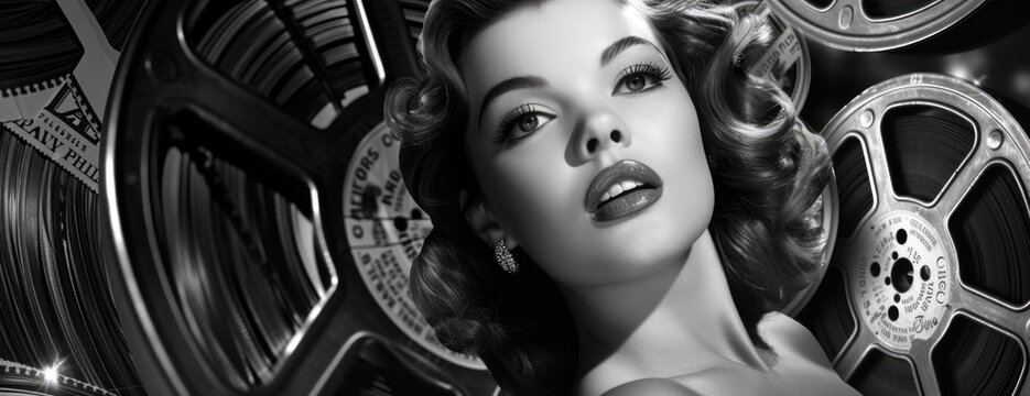 Classic Hollywood Glamour Collage: Starlet Portraits with Vintage Film Reels and Cinema Tickets