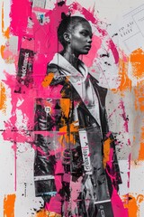High-Fashion Mosaic Collage: Elegant Poses and Abstract Strokes Amidst Glossy and Metallic Accents on a Monochrome Neon Backdrop