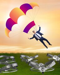 Businessman falling into trap on parachute
