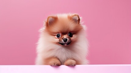 Fototapeta na wymiar Pomeranian dog on a one color background, copy space, realistic - generative ai