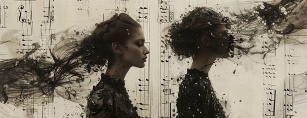 Baroque Fusion Fashion Collage: Digital Glitches and Sheet Music Backgrounds with Model Silhouettes