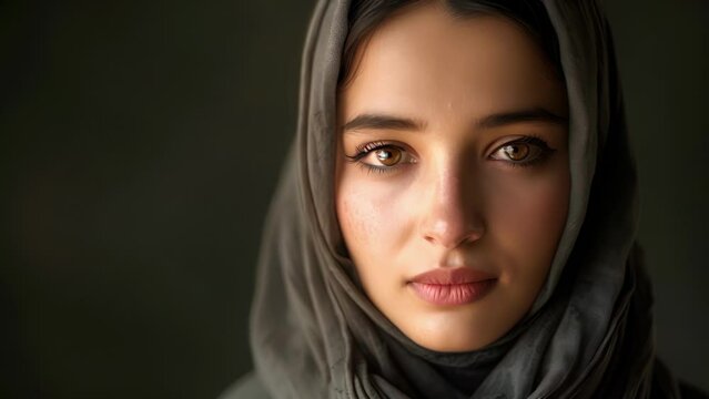 A portrait of a woman in a hijab shows her gentle smile and calm demeanor a portrayal of her growth towards selfacceptance in a society that may not always understand her, female Wearing Headscarf
