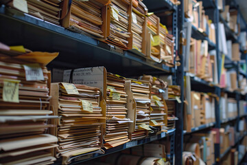 A photograph of a room with a wall covered in an organized collection of medical record charts. The files and folders are neatly arranged and sorted alphabetically on shelves