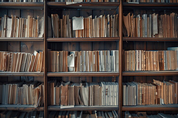 This photo showcases a bookshelf brimming with an extensive collection of books and papers. Among them are various medical record charts, meticulously organized in alphabetical order