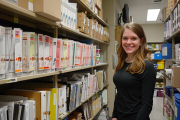 A woman stands in front of a shelf filled with books, including medical record charts sorted alphabetically