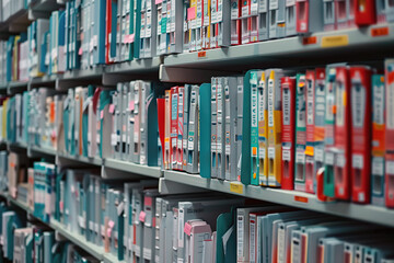 A photograph capturing rows of books neatly arranged on shelves in a library. The books are sorted alphabetically and resemble medical record charts - obrazy, fototapety, plakaty